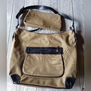 MAXX NEW YORK Large Tan Canvas Black Stap Shoulder Bag